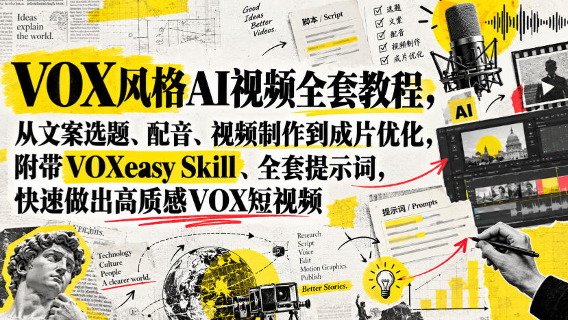 VOX风格AI视频全套教程，从文案选题、配音、视频制作到成片优化，附带VOXeasy Skill、全套提示词，快速做出高质感VOX短视频-吾爱云课堂