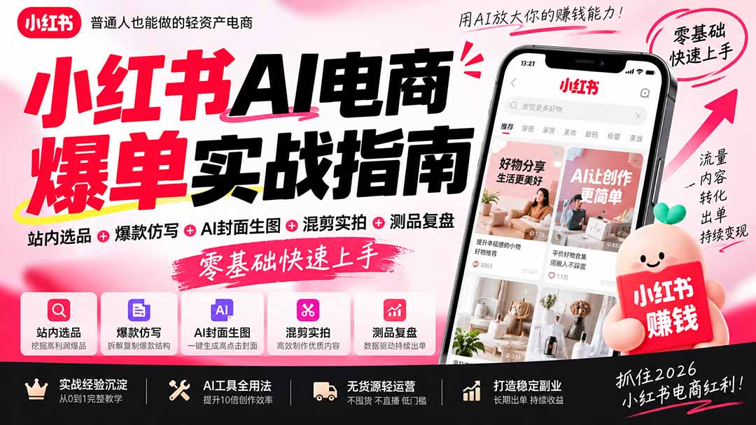 2026小红书AI电商爆单实战指南：站内选品+爆款仿写+AI封面生图+混剪实拍+测品复盘，零基础快速上手-吾爱云课堂