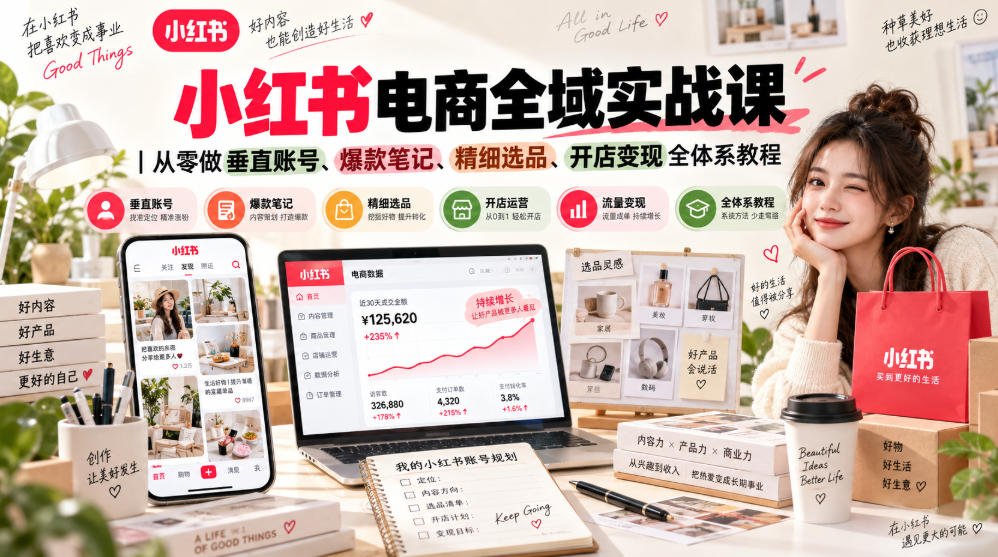 小红书电商全域实战课｜从零做垂直账号、爆款笔记、精细选品、开店变现全体系教程-吾爱云课堂