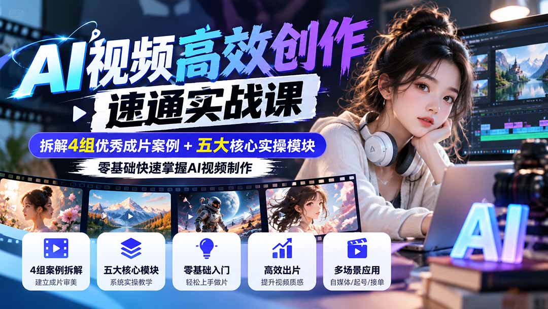 【无水印】AI视频高效创作速通实战课：拆解4组优秀成片案例+五大核心实操模块，零基础快速掌握AI视频制作-吾爱云课堂