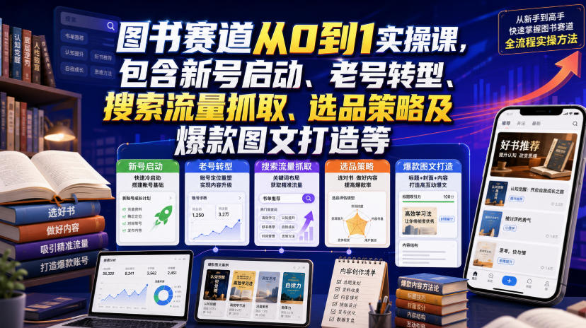 图书赛道从0到1实操课，包含新号启动、老号转型、搜索流量抓取、选品策略及爆款图文打造等-吾爱云课堂
