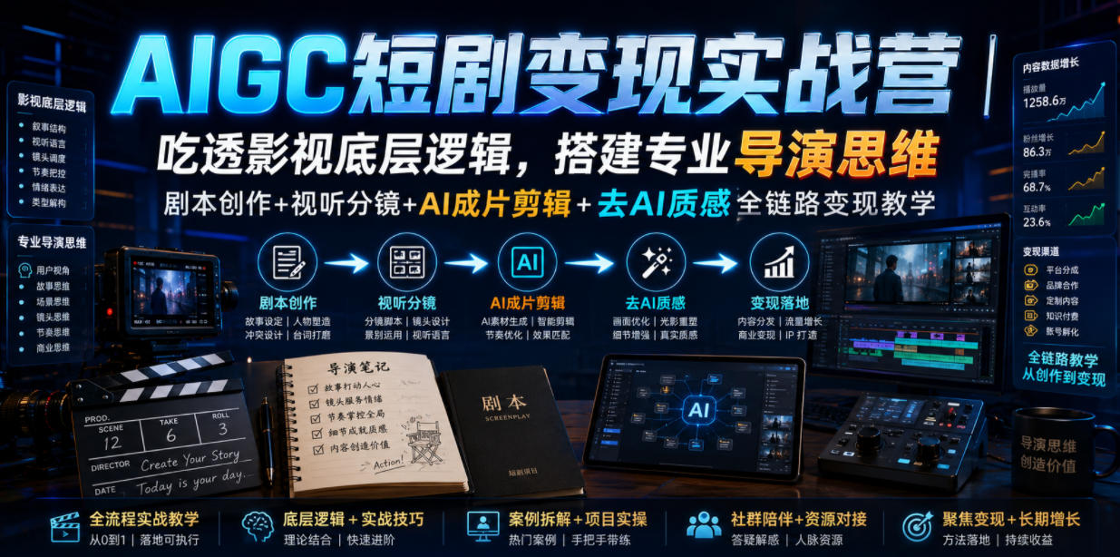 AIGC短剧变现实战营｜吃透影视底层逻辑，搭建专业导演思维，剧本创作+视听分镜+AI成片剪辑+去AI质感全链路变现教学-吾爱云课堂