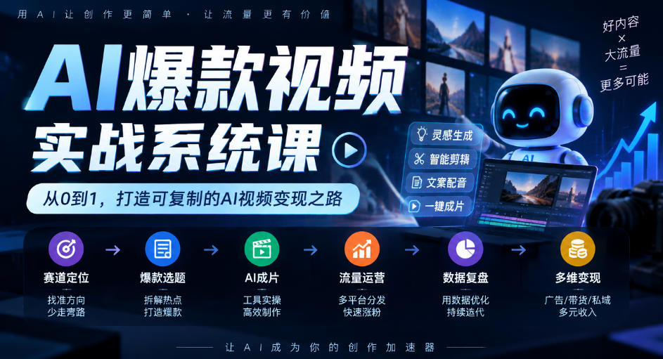 AI爆款视频实战系统课｜赛道定位、爆款选题、AI成片、流量运营、数据复盘、多维变现全链路教学-吾爱云课堂