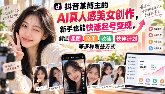 抖音某博主的AI真人感美女创作,新手也能快速起号变现,解锁星图,商单,收徒,伙伴计划等多种收益方式-吾爱云课堂
