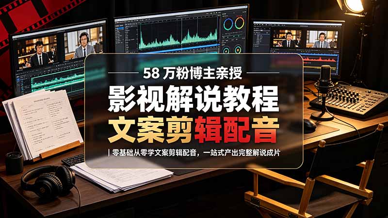 58 万粉博主荧幕春秋亲授影视解说教程｜零基础从零学文案剪辑配音，一站式产出完整解说成片-吾爱云课堂