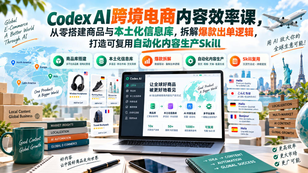 Codex AI跨境电商内容效率课，从零搭建商品与本土化信息库，拆解爆款出单逻辑，打造可复用自动化内容生产Skill-吾爱云课堂