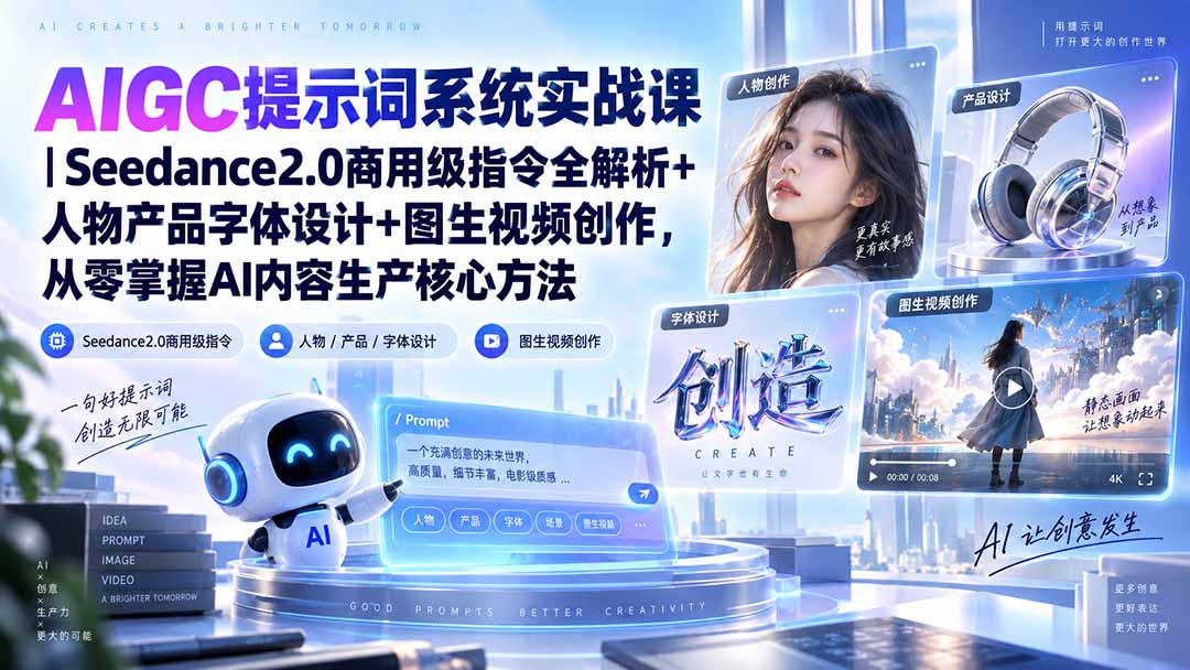 AIGC提示词系统实战课-无水印｜Seedance2.0商用级指令全解析+人物产品字体设计+图生视频创作，掌握AI内容生产方法-吾爱云课堂