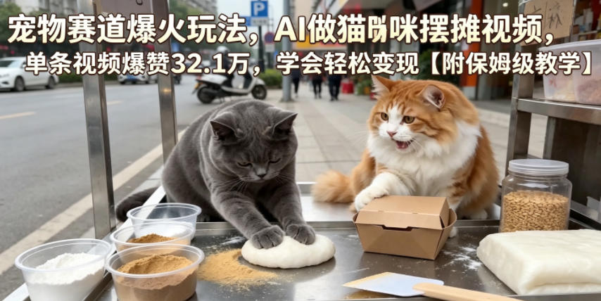 宠物赛道爆火玩法，AI做猫咪摆摊视频，单条视频爆赞32.1万，学会轻松变现【附保姆级教学】-吾爱云课堂