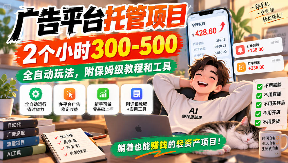 广告平台托管项目，2个小时300-500，全自动玩法，附保姆级教程和工具，小白照着就能做【揭秘】-吾爱云课堂