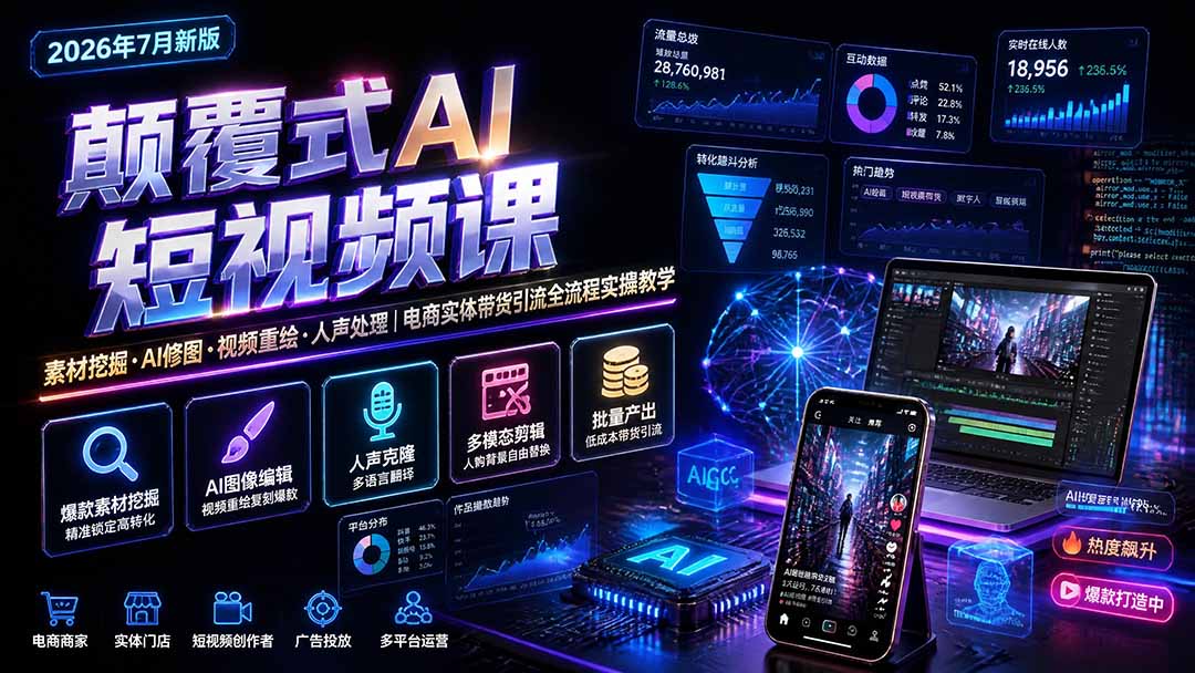 颠覆式AI短视频课｜素材挖掘，AI修图，视频重绘，人声处理｜电商实体带货引流全流程实操教学-吾爱云课堂