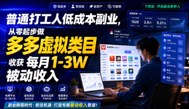 普通打工人低成本副业，从零起步做多多虚拟类目，收获每月1-3W被动收入【揭秘】-吾爱云课堂