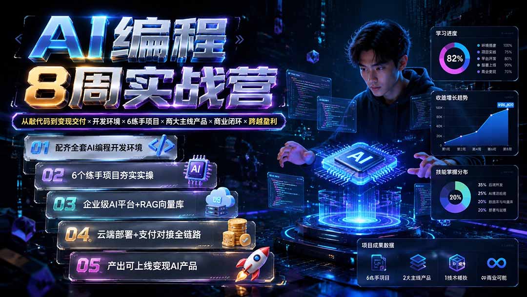 AI编程8周实战营：从敲代码到变现交付×开发环境×6练手项目×两大主线产品×商业闭环×跨越盈利-吾爱云课堂