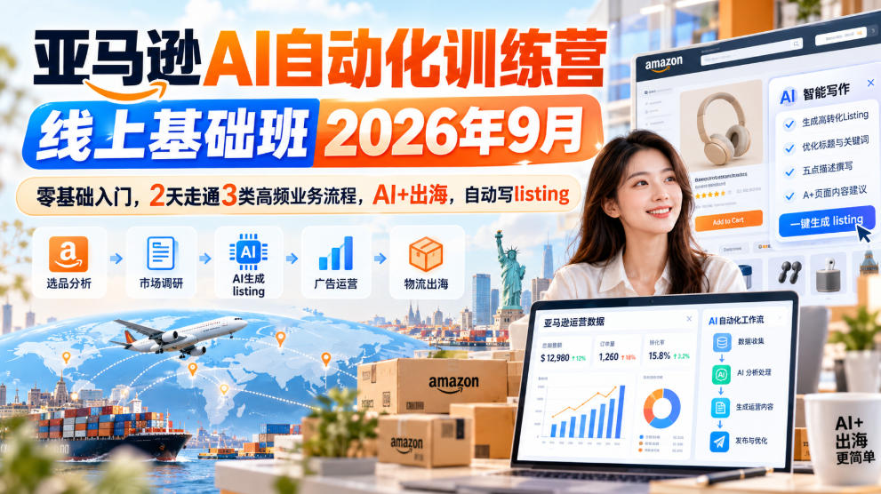 亚马逊AI自动化训练营线上基础班2026年9月，零基础入门，2天走通3类高频业务流程，AI+出海，自动写listing-吾爱云课堂