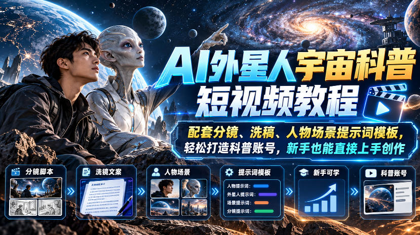 AI外星人宇宙科普短视频教程，配套分镜、洗稿、人物场景提示词模板，轻松打造科普账号，新手也能直接上手创作-吾爱云课堂