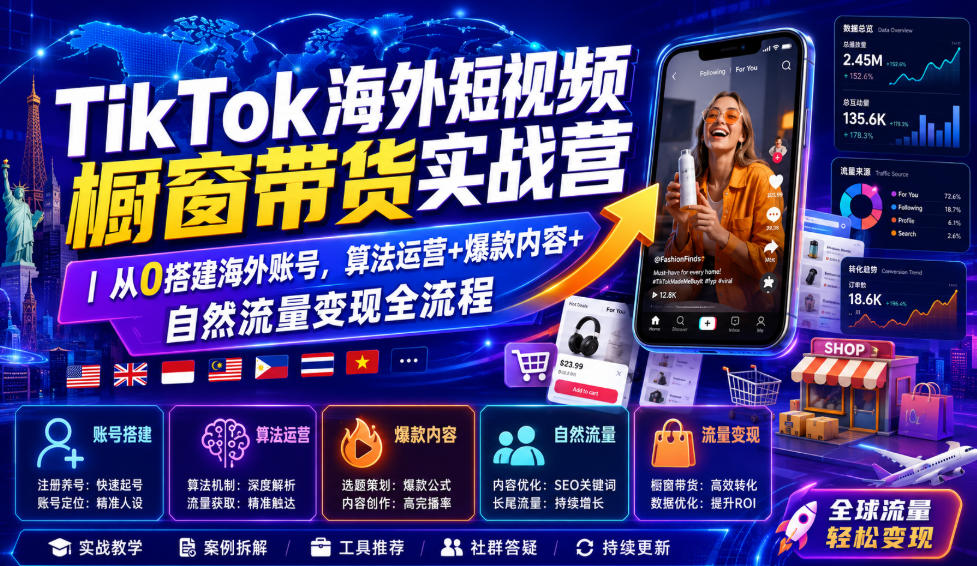 TikTok海外短视频橱窗带货实战营｜从0搭建海外账号，算法运营+爆款内容+自然流量变现全流程-吾爱云课堂