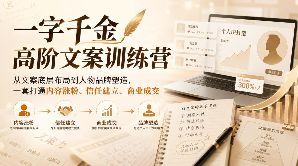 一字千金高阶文案训练营，从文案底层布局到人物品牌塑造，一套打通内容涨粉、信任建立、商业成交-吾爱云课堂