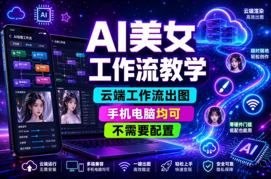 AI美女工作流教学，云端工作流出图，手机电脑均可，不需要配置，快速起号涨粉-吾爱云课堂