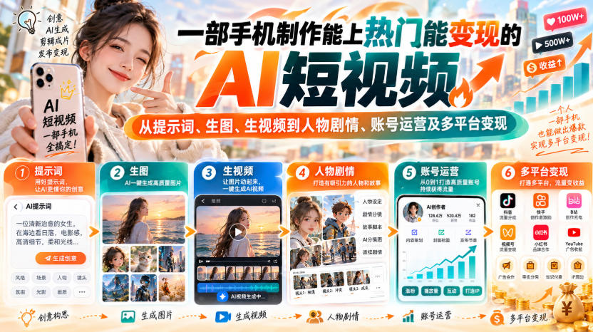【无水印】一部手机制作能上热门能变现的AI短视频，从提示词、生图、生视频到人物剧情、账号运营及多平台变现-吾爱云课堂