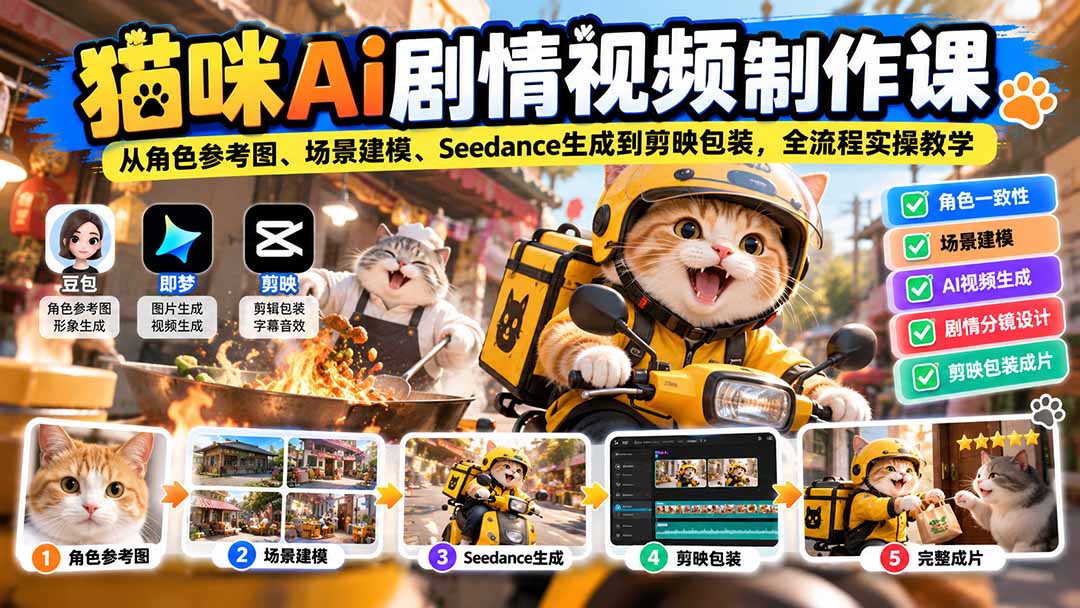猫咪AI剧情视频制作课：从角色参考图、场景建模、Seedance生成到剪映包装，全流程实操教学-吾爱云课堂