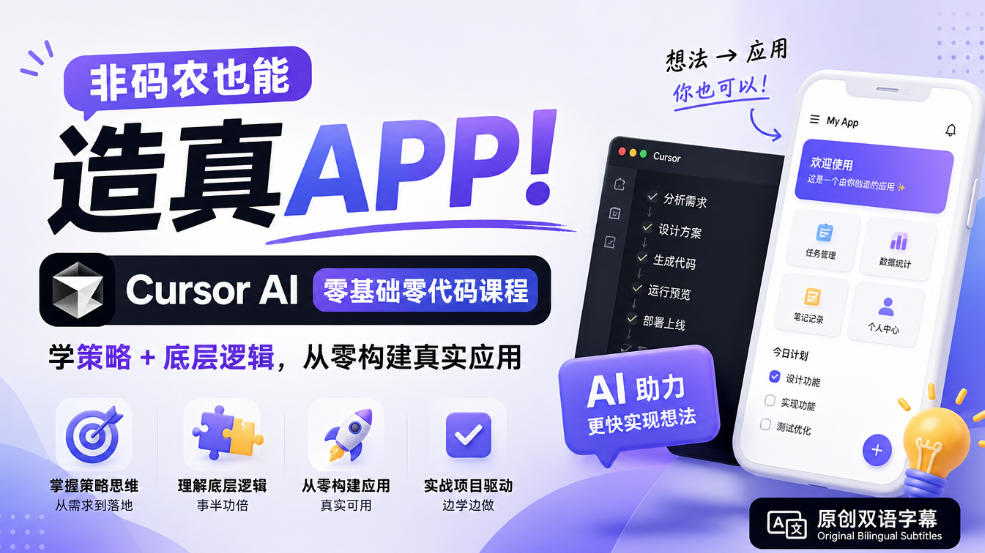 非码农也能造真APP！Cursor AI零基础零代码课程：学策略+底层逻辑，从零构建真实应用【原创双语字幕】-吾爱云课堂
