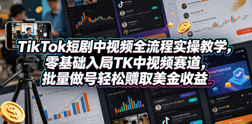 TikTok短剧中视频全流程实操教学，零基础入局TK中视频赛道，批量做号轻松賺取美金收益-吾爱云课堂