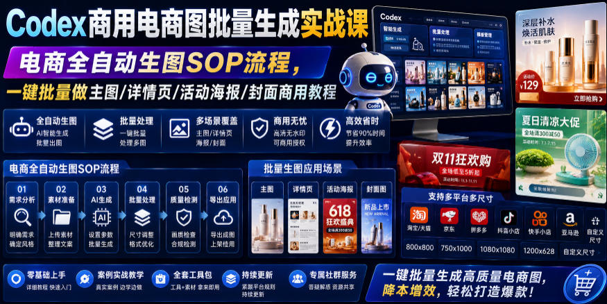 Codex商用电商图批量生成实战课｜电商全自动生图SOP流程，一键批量做主图/详情页/活动海报/封面商用教程-吾爱云课堂