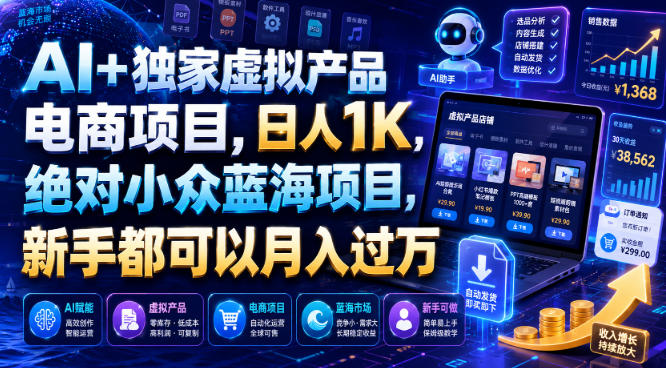 AI+独家虚拟产品电商项目,日人1K,绝对小众蓝海项目,新手都可以月入过万【揭秘】-吾爱云课堂