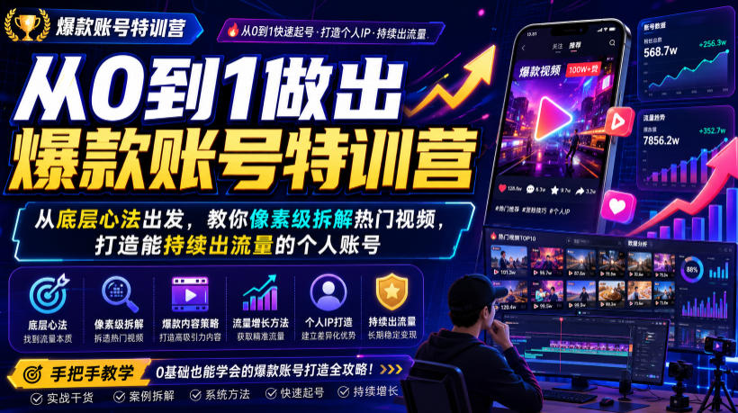 从0到1做出爆款账号特训营，从底层心法出发，教你像素级拆解热门视频，打造能持续出流量的个人账号-吾爱云课堂