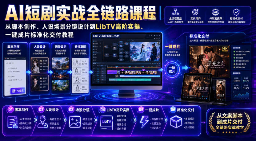 AI短剧实战全链路课程｜从脚本创作、人设场景分镜设计到LibTV高阶实操、一键成片标准化交付教程-吾爱云课堂