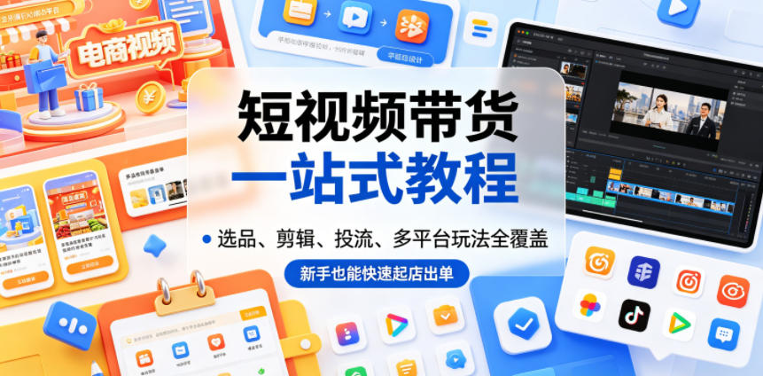 短视频带货一站式教程，选品、剪辑、投流、多平台玩法全覆盖，新手也能快速起店出单-吾爱云课堂