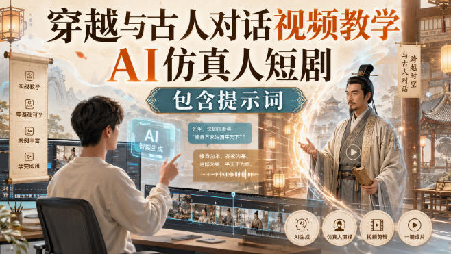 穿越与古人对话视频教学，AI仿真人短剧，包含提示词-吾爱云课堂