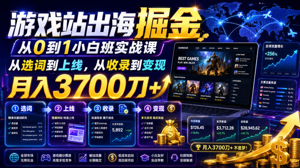 游戏站出海掘金从0到1小白实战课，从选词到上线，从收录到变现，月入3700刀+-吾爱云课堂