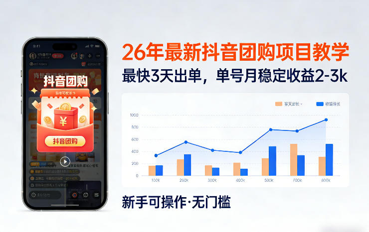 26年最新抖音团购项目教学，0门槛，最快3天出单，单号月稳定收益2-3k(更新3月11日)-吾爱云课堂