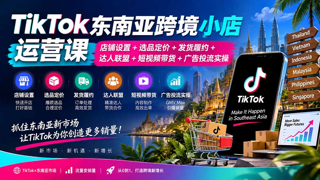 TikTok东南亚跨境小店运营课：店铺设置+选品定价+发货履约+达人联盟+短视频带货+广告投流实操-吾爱云课堂