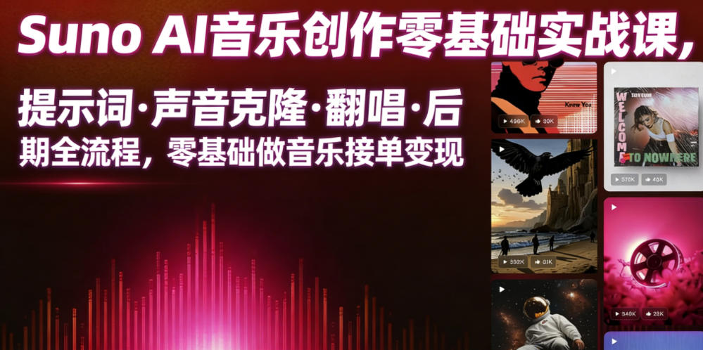 Suno AI音乐创作实战课，提示词・声音克隆・翻唱・后期全流程，零基础做音乐接单变现-吾爱云课堂