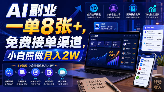 AI副业一单8张+，免费接单渠道，小白照做月入2W【揭秘】-吾爱云课堂
