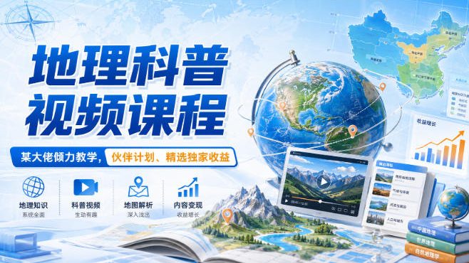 地理科普视频课程，某大佬倾力教学，伙伴计划、精选独家收益-吾爱云课堂