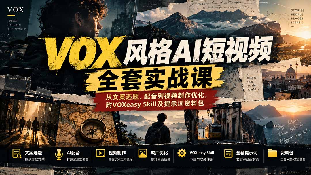 【无水印】VOX风格AI短视频全套实战课：从文案选题、配音到视频制作优化，附VOXeasy Skill及提示词资料包-吾爱云课堂