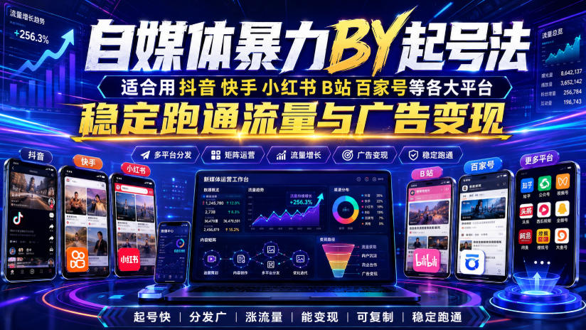 自媒体暴力搬运起号法，适合用抖音快手小红书B站百家号等各大平台，稳定跑通流量与广告变现-吾爱云课堂