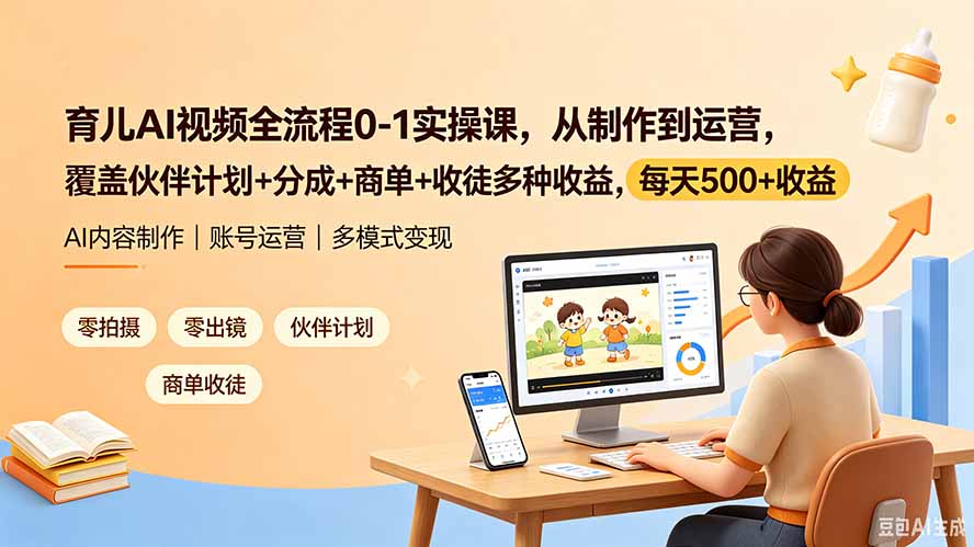 育儿AI视频全流程0-1实操课，从制作到运营，覆盖伙伴计划+分成+商单+收徒多种收益，每天500+收益-吾爱云课堂