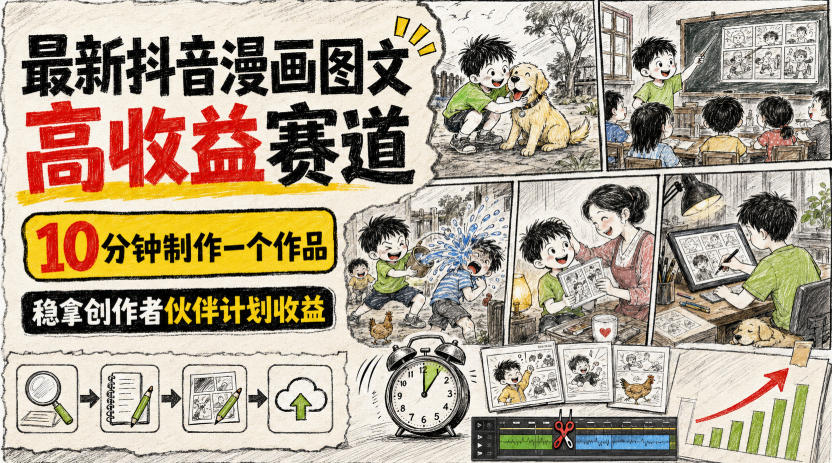 最新抖音漫画图文高收益赛道，10分钟制作一个作品，稳拿创作者伙伴计划收益-吾爱云课堂