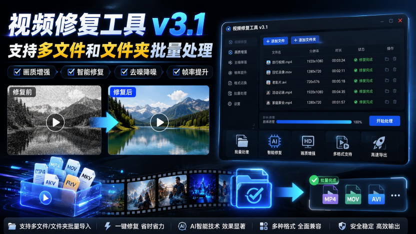 视频修复工具v3.1，支持多文件和文件夹批量处理-吾爱云课堂