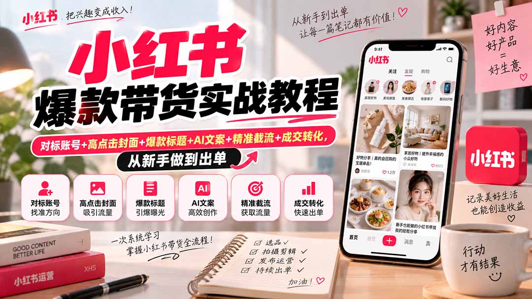 小红书爆款带货实战教程｜对标账号+高点击封面+爆款标题+AI文案+精准截流+成交转化，从新手做到出单-吾爱云课堂