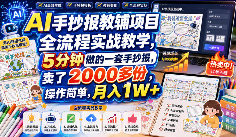 AI手抄报教辅项目全流程实战教学，5分钟做的一套手抄报，卖了2000多份，操作简单，月入1W+-吾爱云课堂