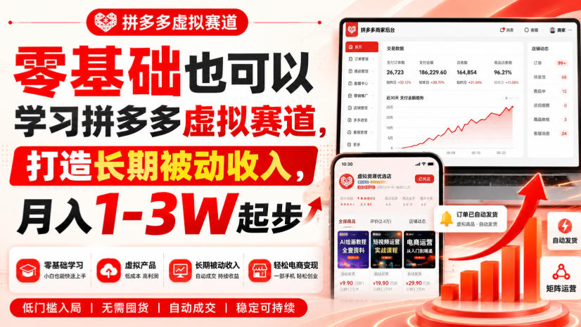 零基础也可以学习拼多多虚拟赛道，打造长期被动收入，月入1-3W起步-吾爱云课堂