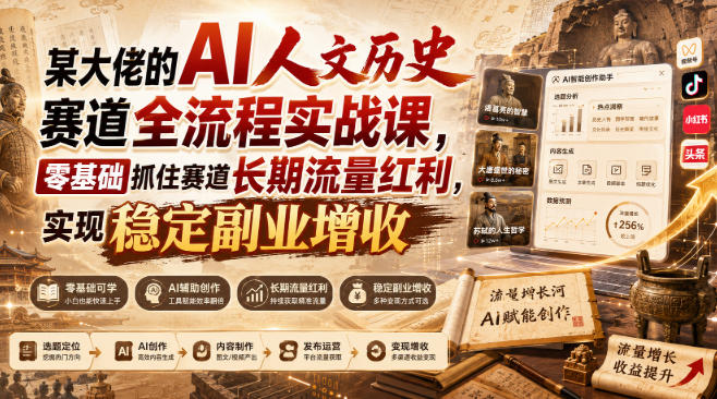 某大佬的AI人文历史赛道全流程实战课，零基础抓住赛道长期流量红利，实现稳定副业增收-吾爱云课堂