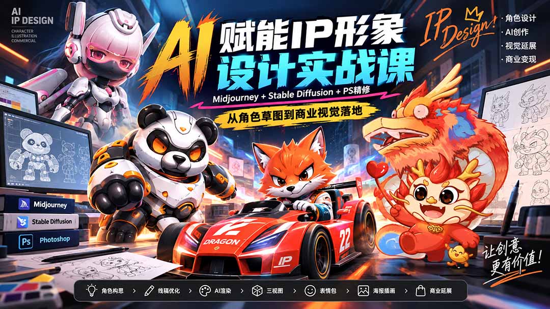 AI赋能IP形象设计实战课-无水印：Midjourney+Stable Diffusion+PS精修，从角色草图到商业视觉落地-吾爱云课堂