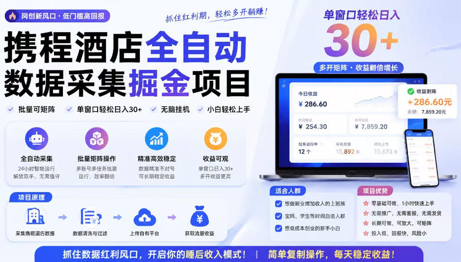 携程酒店采集挂G项目，批量可矩阵，单机轻松日入300+，开启你的睡后收入模式!【揭秘】-吾爱云课堂