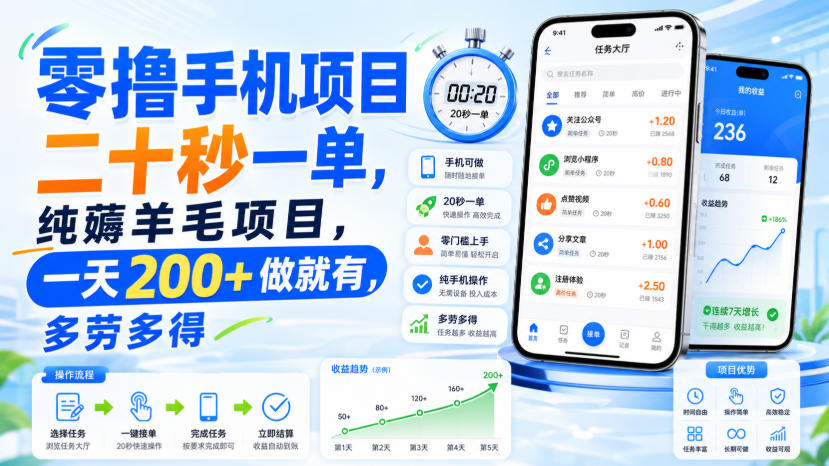 零撸手机项目，二十秒一单，纯薅羊毛项目，一天200+做就有，多劳多得【揭秘】-吾爱云课堂