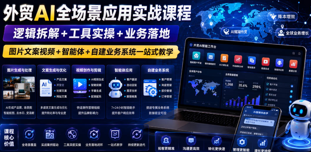 外贸AI全场景应用实战课程｜逻辑拆解+工具实操+业务落地，图片文案视频+智能体+自建业务系统一站式教学-吾爱云课堂